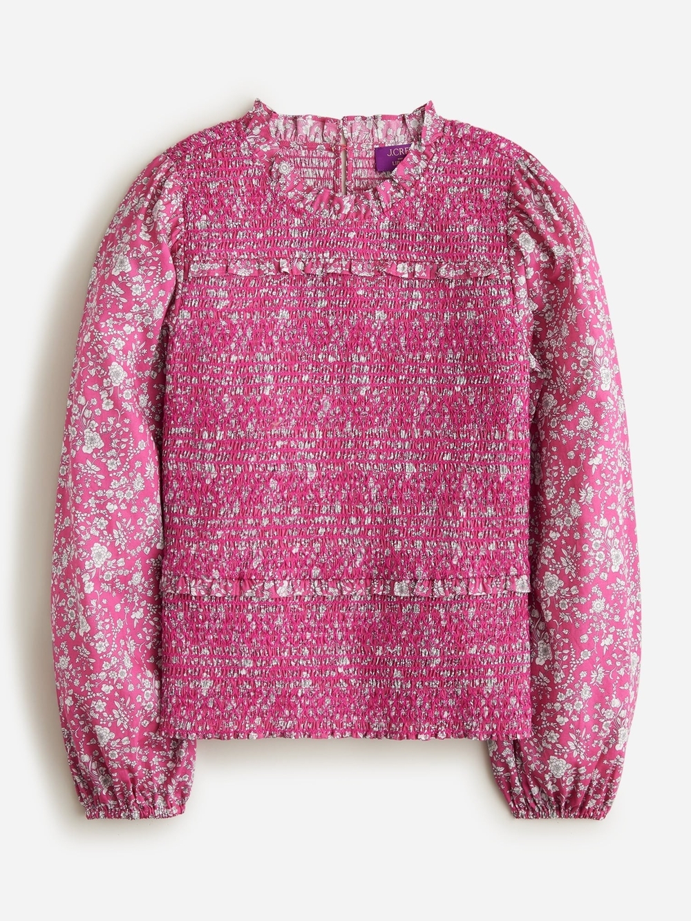 J. Crew Pink Floral Smocked Long-Sleeve Blouse